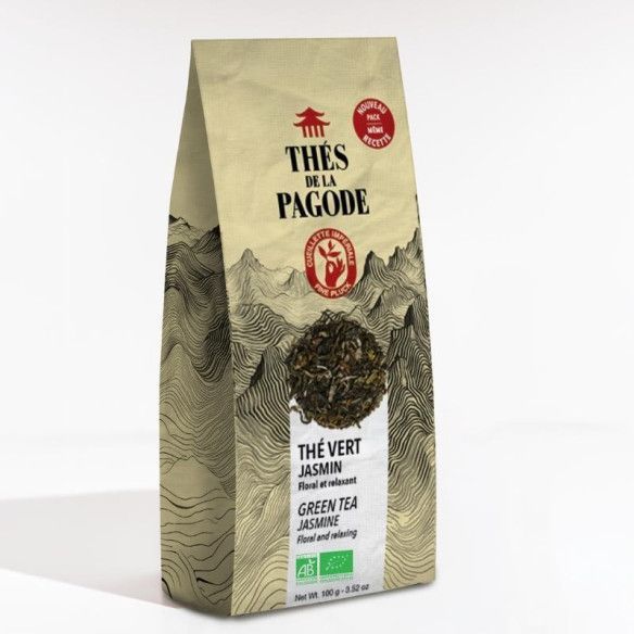 Thé Vert Jasmin Bio – 100 g Thé Vert Jasmin Bio Thés de la Pagode 100 g thé vert chinois parfumé traditionnellement aux fleurs de jasmin