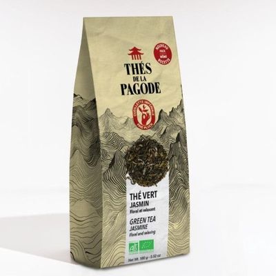 Thé Vert Jasmin Bio – 100 g Thé Vert Jasmin Bio Thés de la Pagode 100 g thé vert chinois parfumé traditionnellement aux fleurs de jasmin