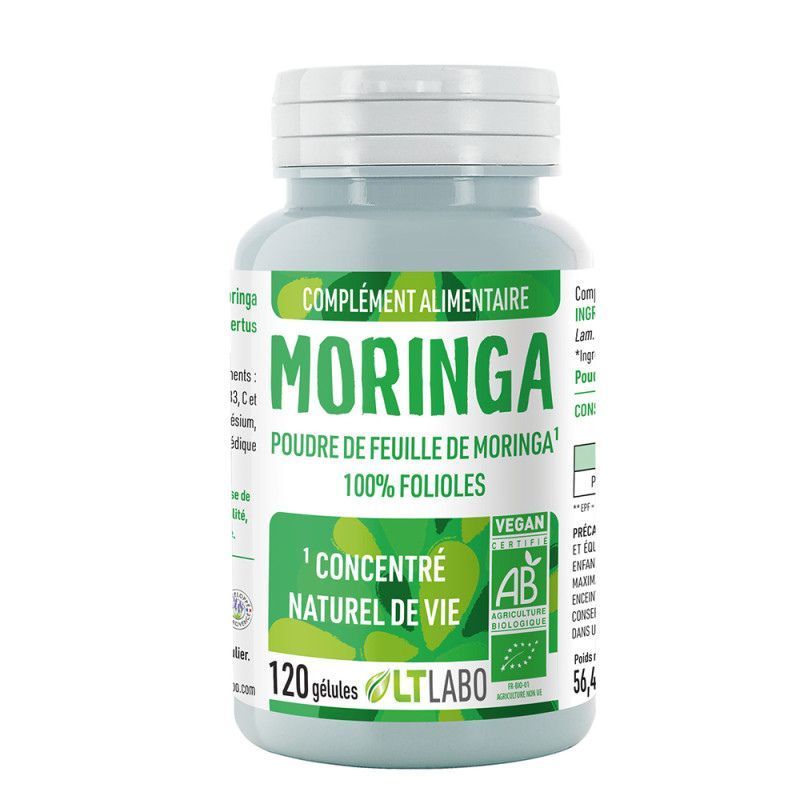 Moringa Bio – 120 gélules Moringa Bio LT Labo – Poudre de feuilles de Moringa oleifera 100 % folioles – 120 gélules