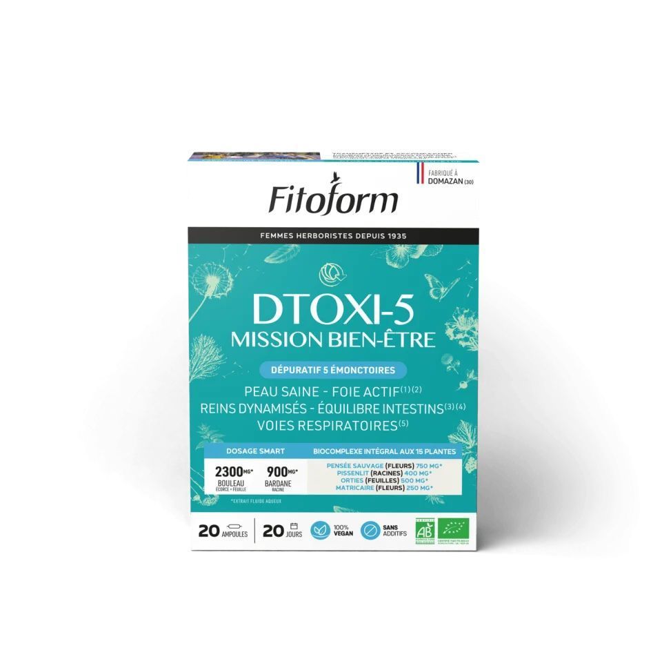DTOXI-5 Bio – Mission Bien-Être – 20 ampoules DTOXI-5 Mission Bien-Être Fitoform – Complexe de 15 plantes Bio pour la peau, respiration, intestins en ampoules