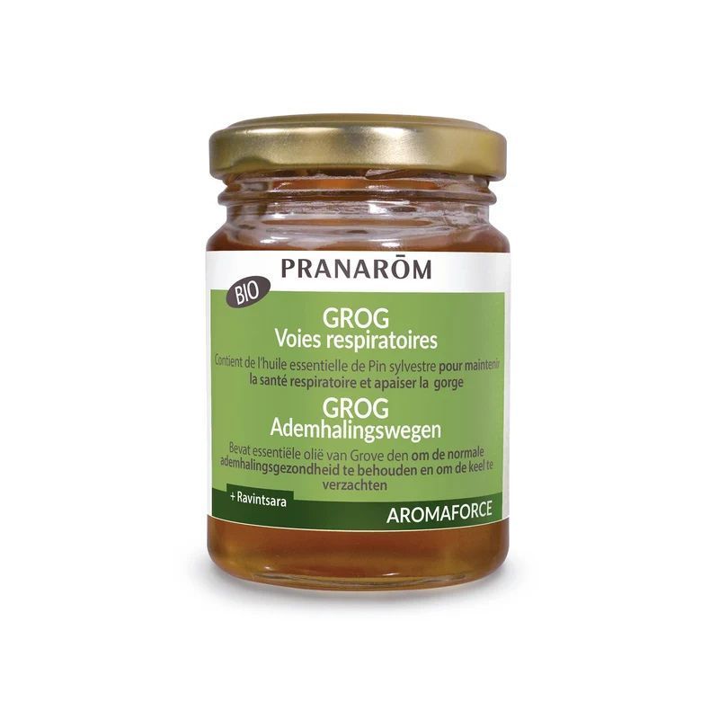Grog Bio – Voies Respiratoires – 140 g Grog Voies Respiratoires Bio 140 g Pranarôm, au miel d'acacia et aux huiles essentielles de Ravintsara, Pin sylvestre, Citron