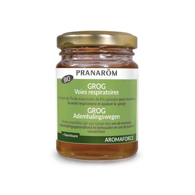 Grog Bio – Voies Respiratoires – 140 g Grog Voies Respiratoires Bio 140 g Pranarôm, au miel d'acacia et aux huiles essentielles de Ravintsara, Pin sylvestre, Citron