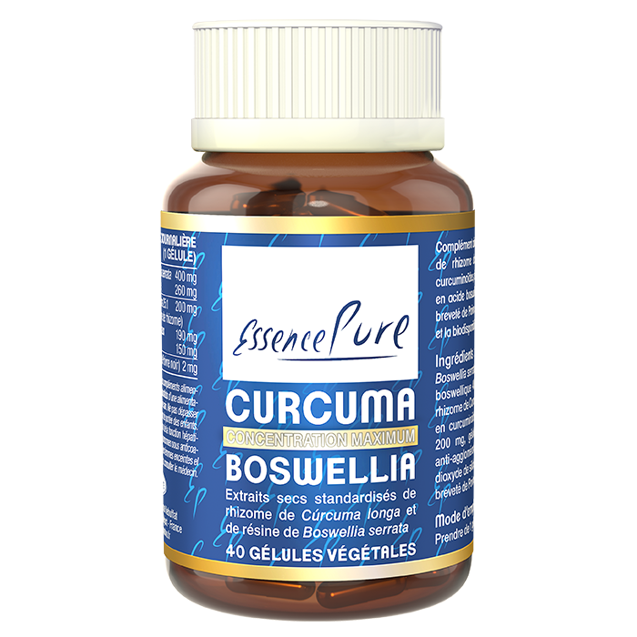 Curcuma Boswellia 40 gélules Curcuma Boswellia EssencePure Api-Nature – Complément alimentaire aux extraits de curcuma, boswellia et BioPerine®.