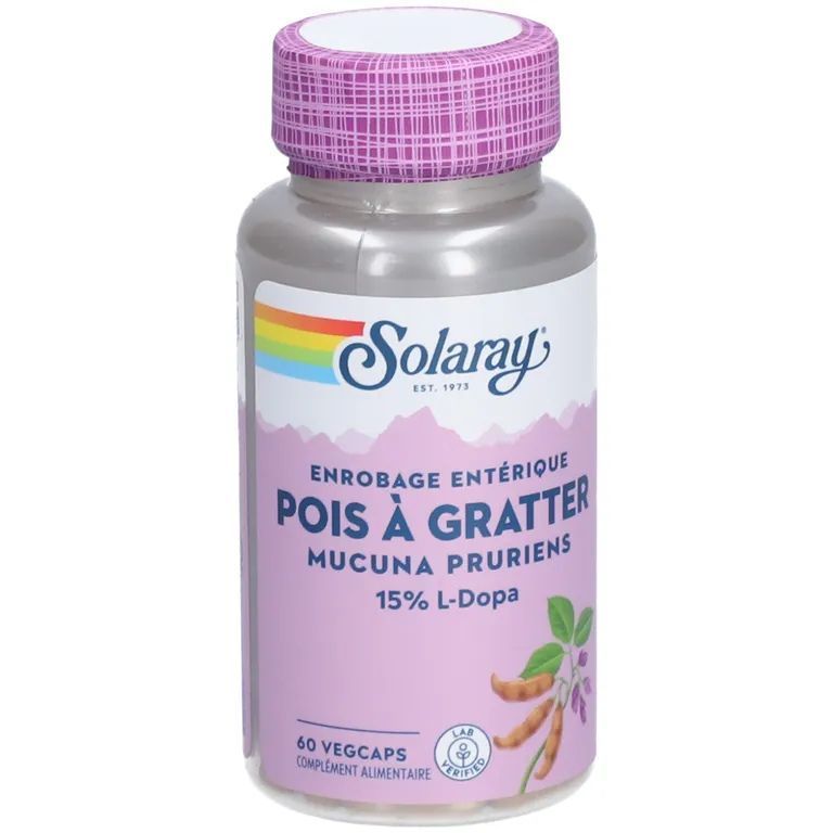 Pois à gratter Solaray (Mucuna) – 60 gélules Pois à gratter Solaray Mucuna pruriens extrait de graines titré à 15 % de L-Dopa – flacon de 60 gélules végétales