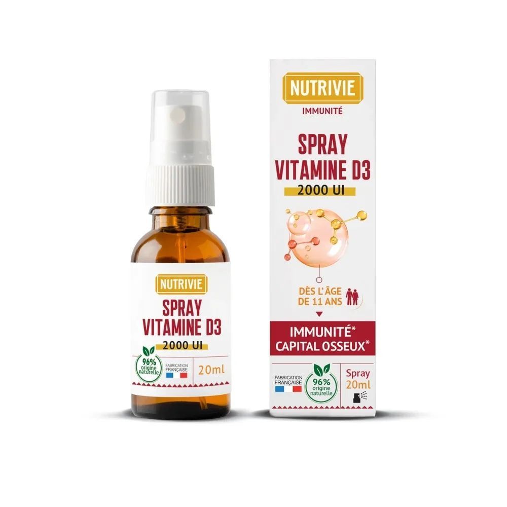 Spray Vitamine D3 2000 UI – 20 ml Spray Vitamine D3 2000 UI Nutrivie – Flacon 20 ml de vitamine D3 issue de lanoline avec huile de sésame, 170 pulvérisations