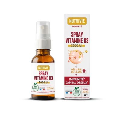 Spray Vitamine D3 2000 UI – 20 ml Spray Vitamine D3 2000 UI Nutrivie – Flacon 20 ml de vitamine D3 issue de lanoline avec huile de sésame, 170 pulvérisations