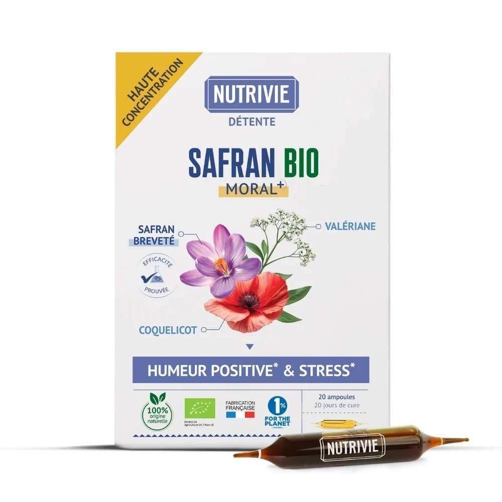 Safran Bio – MORAL+ – 20 ampoules Safran Bio & Valériane Nutrivie – 20 ampoules biologiques avec extrait de safran Safr’Inside™, valériane et coquelicot, goût