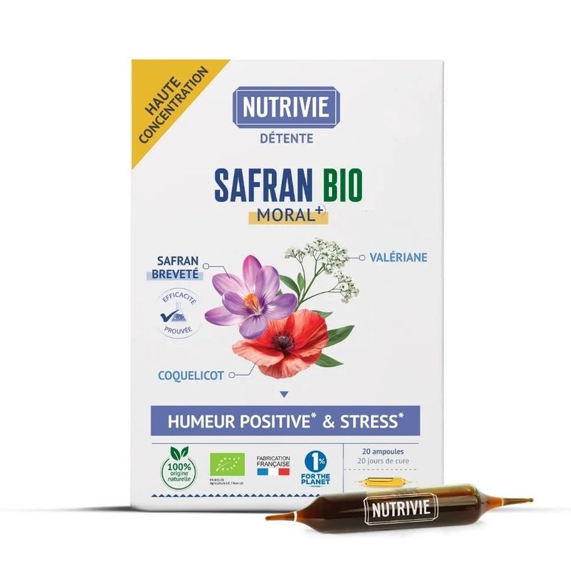 Safran Bio & Valériane Nutrivie – 20 ampoules biologiques avec extrait de safran Safr’Inside™, valériane et coquelicot, goût 