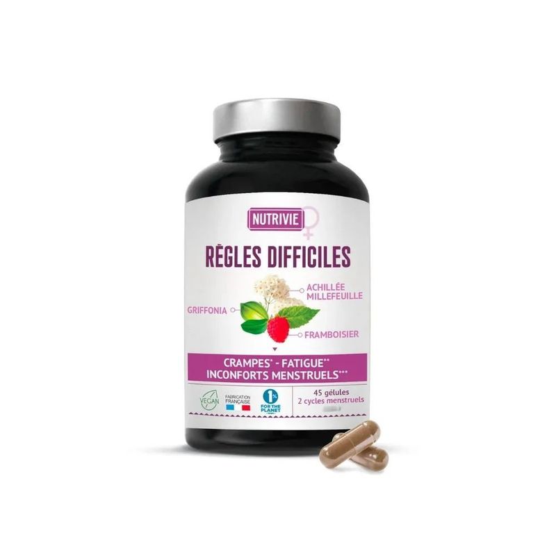 Règles Difficiles – 45 gélules Règles Difficiles Nutrivie – 45 gélules végétales aux 7 plantes et vitamine B6, formule pour le confort menstruel