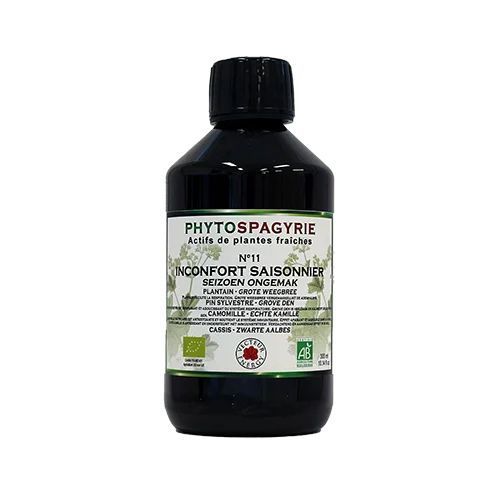 Phytospagyrie N°11 Inconfort Saisonnier Bio – 300 ml Phytospagyrie N°11 Inconfort Saisonnier Bio Vecteur Energy – Flacon 300 ml au plantain, pin sylvestre, camomille matricaire.