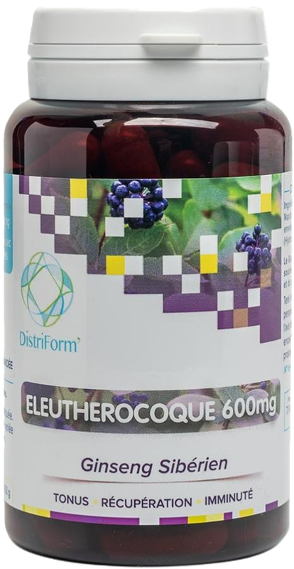 Éleuthérocoque 600 mg – 90 gélules Éleuthérocoque Distriform' – Flacon de 90 gélules de ginseng sibérien, extrait de racine à 0,8 % d'éleuthérosides.