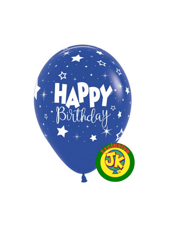 11 inch  Fantasy Happy Birthday Print on ROYAL BLUE - JK Exclusive Custom Printed Latex on Sempertex