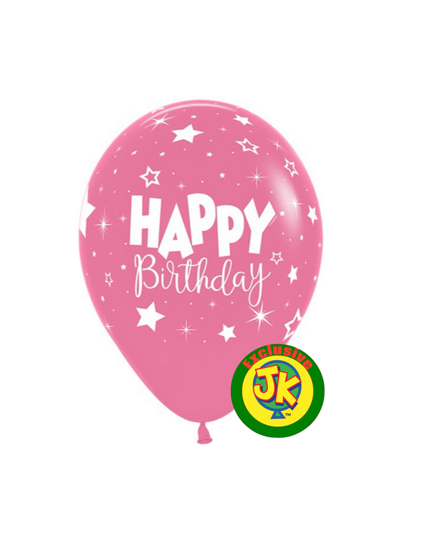 11 inch  Fantasy Happy Birthday Print on BUBBLE GUM PINK - JK Exclusive Custom Printed Latex on Sempertex