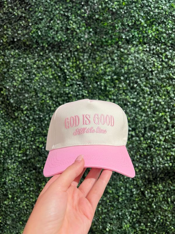 TRUCKER HAT GOD IS GOOD PINK