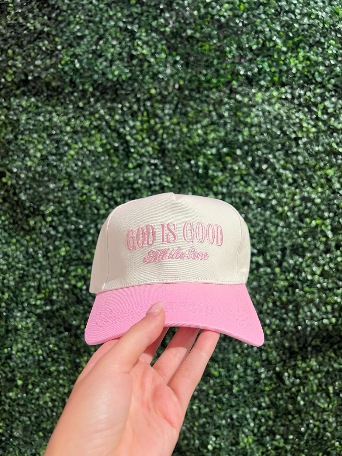 TRUCKER HAT GOD IS GOOD PINK