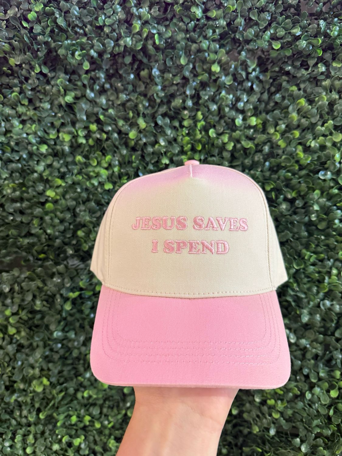 Jesus Saves I Spend Trucker Hat Pink