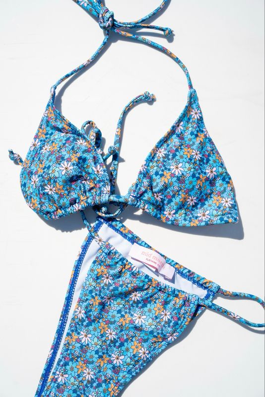 Blue Floral Triangle Two Piece Bikini Set