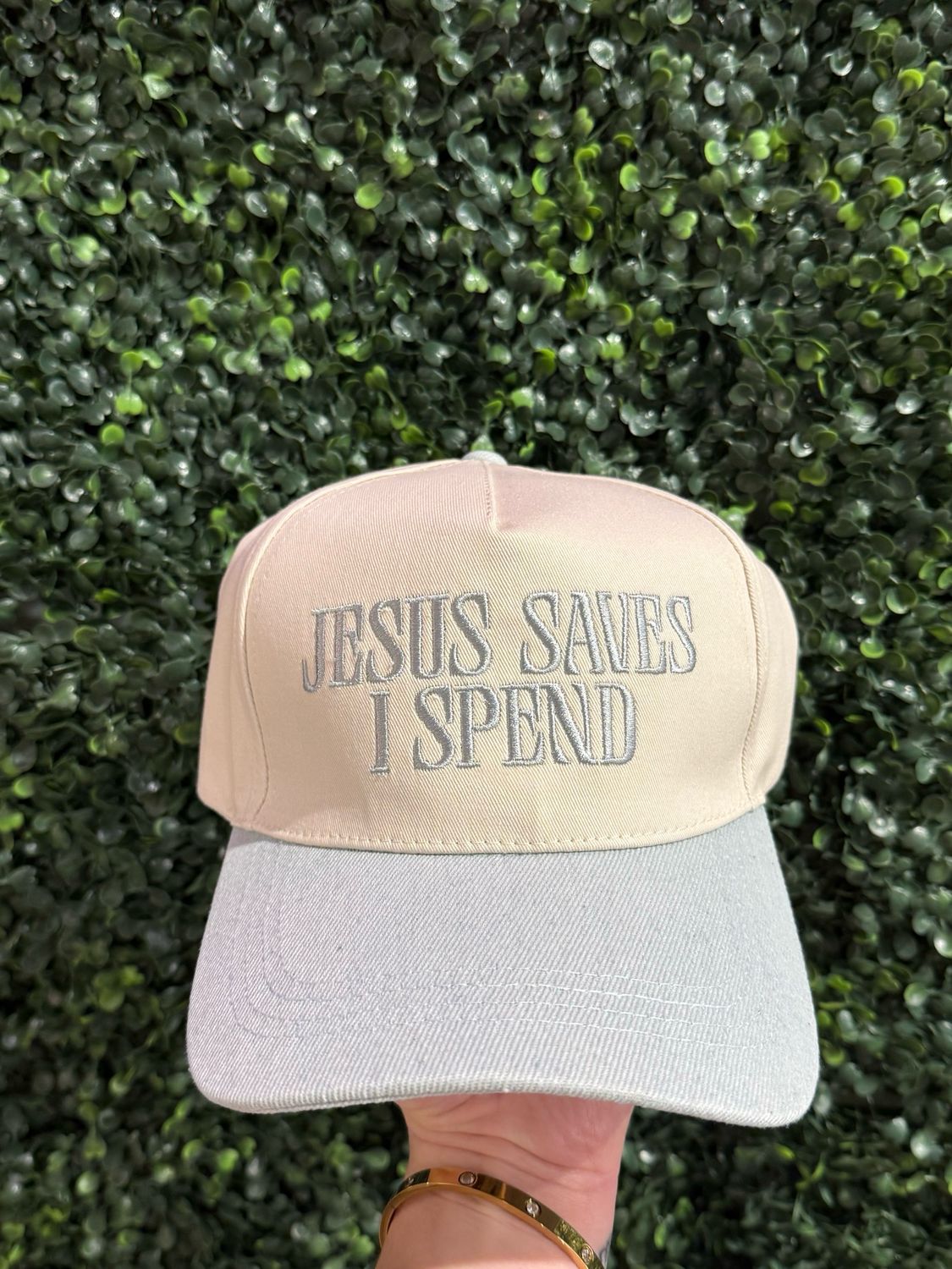 Jesus Saves I Spend Trucker Hat Denim