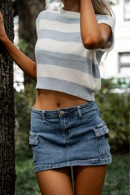 Blue Striped Ribbed Knit Top