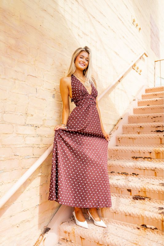 Brown Polka Dot Halter Dress