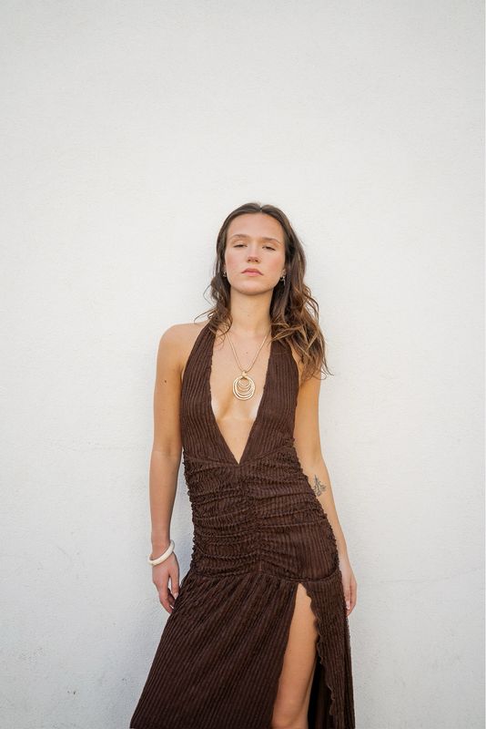 Brown Low Neck Maxi Dress