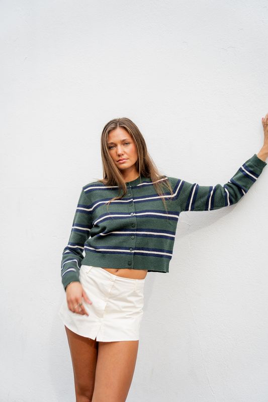 Green Striped Cardigan Sweater
