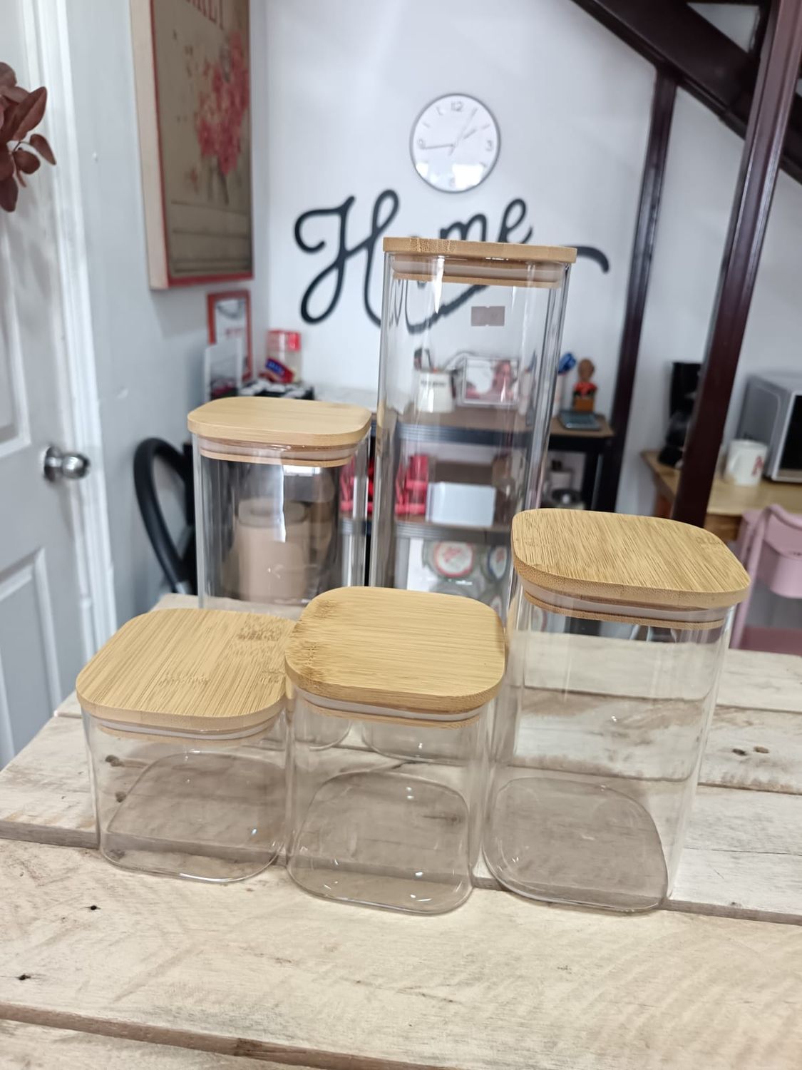 SET DE 5 CONTENEDORES DE VIDRIO CON TAPA DE BAMBU