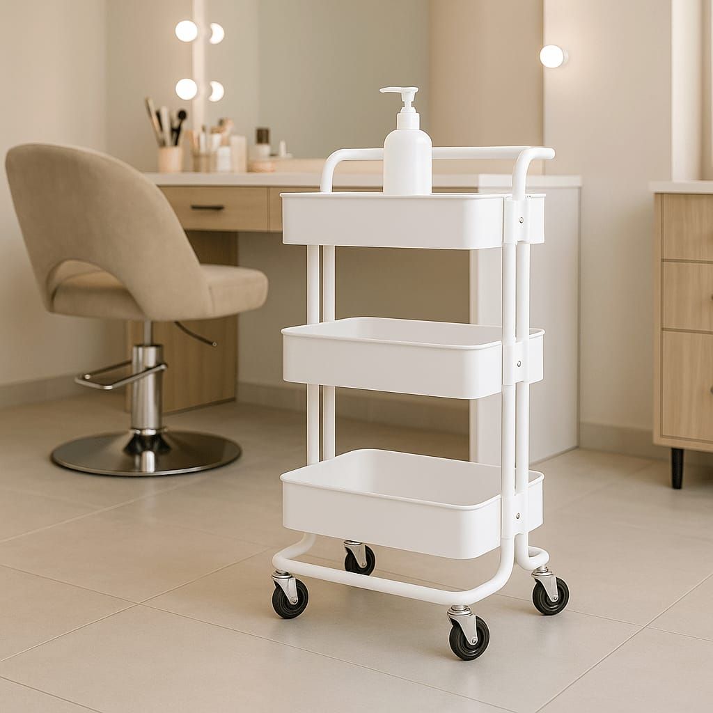 Trolley de metal con rodos  Medida: 45 x 34 x 82cms Color: Blanco se envía armado