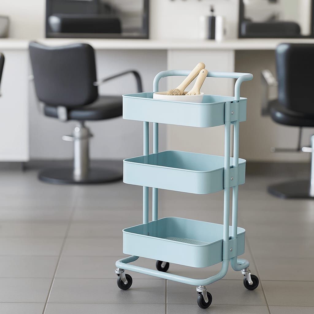 Trolley de metal con rodos  Medida: 45 x 34 x 82cms Color: Turquesa se envía armado