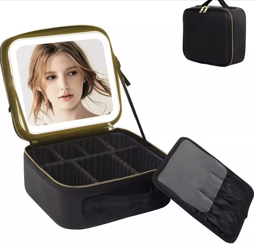 COSMETIQUERA CON ESPEJO LED NEGRA MEDIDAS 26*23*11cm