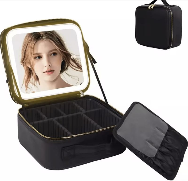 COSMETIQUERA CON ESPEJO LED NEGRA MEDIDAS 26*23*11cm