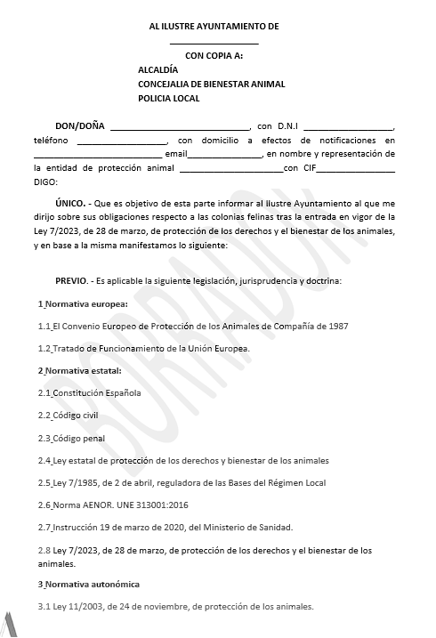 ESCRITO PARA INFORMAR A TU AYUNTAMIENTO SOBRE SU OBLIGACION DE GESTIONAR LAS COLONIAS FELINAS-ANDALUCÍA Y PROTECTORAS DE ANIMALES