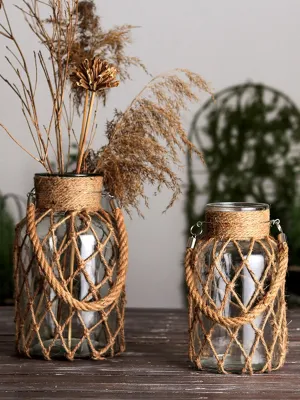 Rustic Hanging Glass Vase Rope Net Dry Flower Glass Vase with Art Hemp