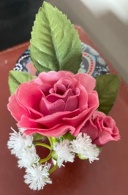 Pink Roses Silk and White Boutonnière with Baby&#39;s Breath and Greenery