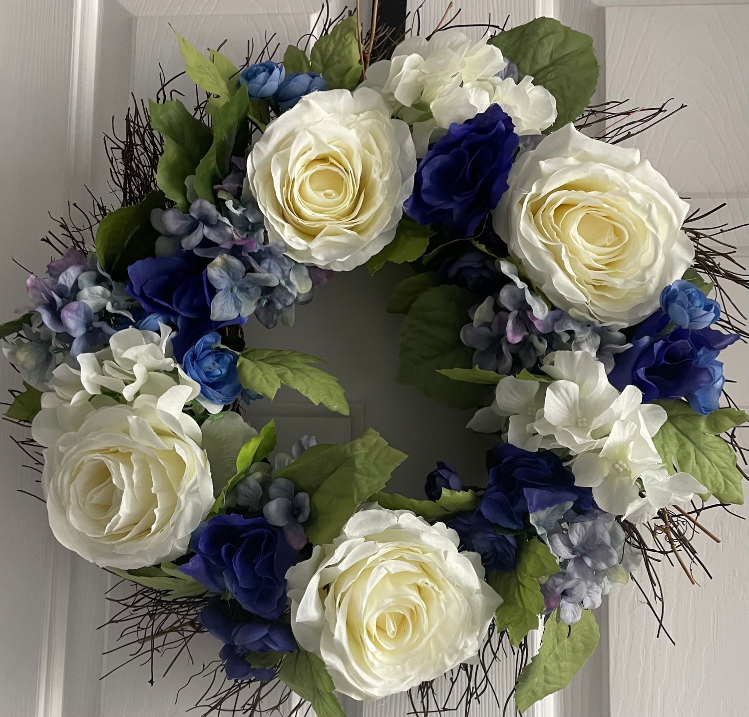 18&quot; Blue and Cream Flower Wreath with Accents