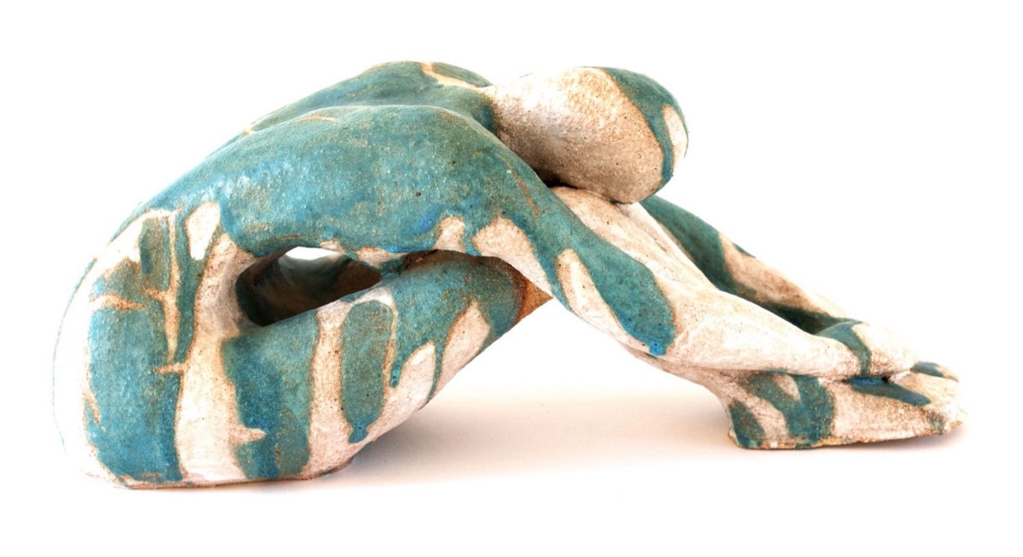 Joy in Pottery | Figure Stretched Head on Knees Turquoise White