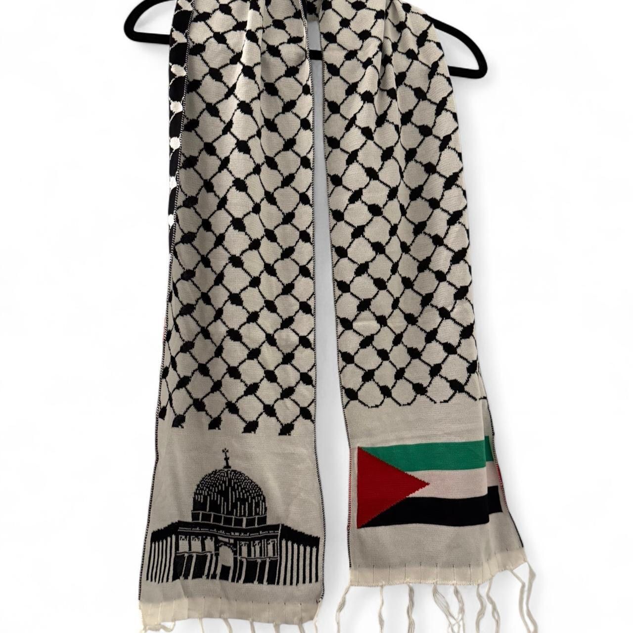 White Woven Keffiyeh Shawl with Flag &amp; Masjid Al-Aqsa