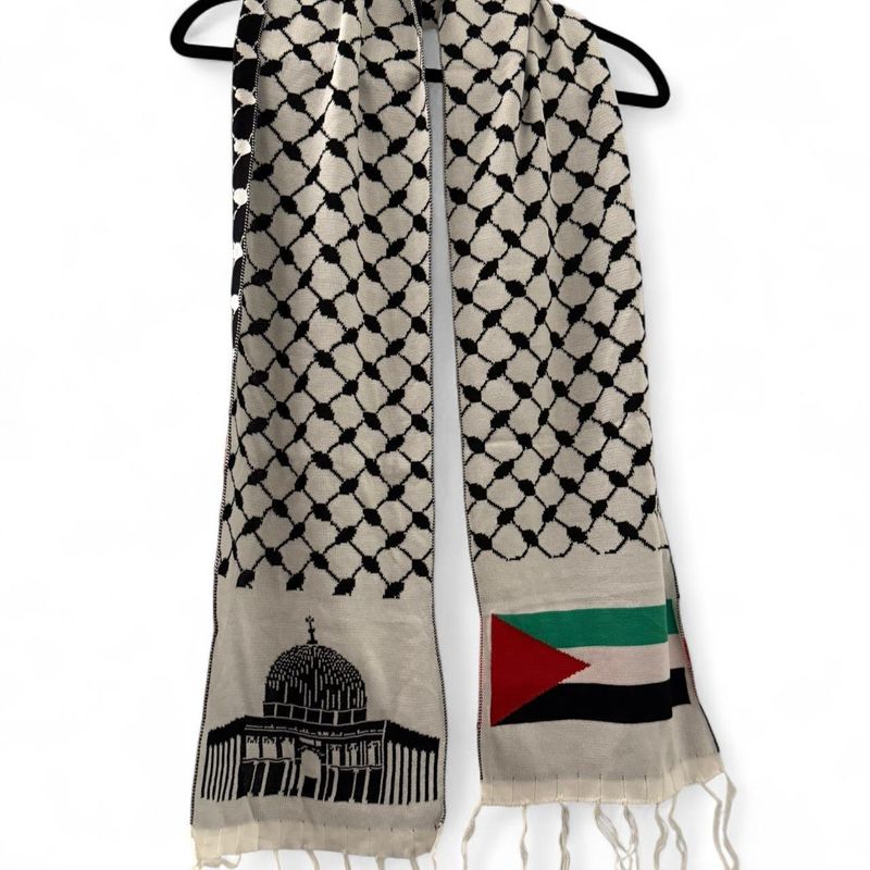 White Woven Keffiyeh Shawl with Flag &amp; Masjid Al-Aqsa