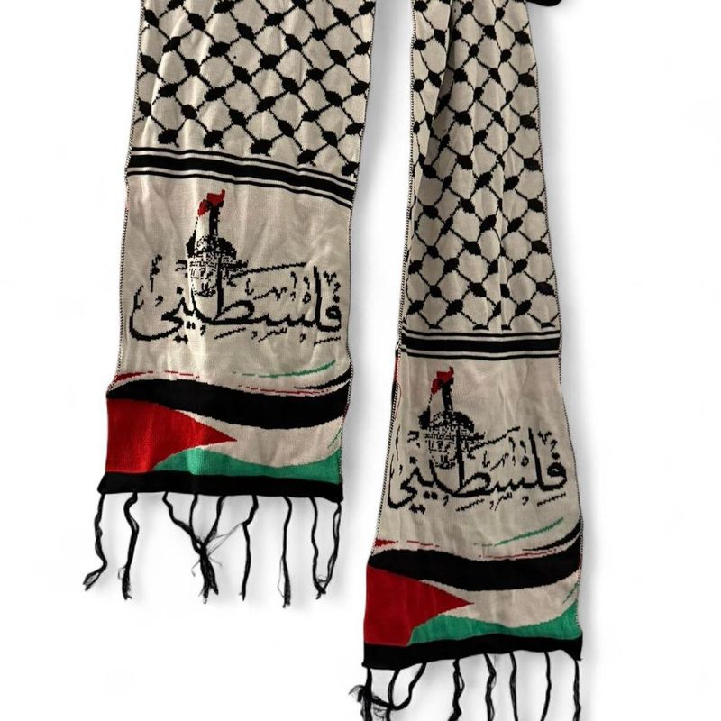 White Woven Keffiyeh Shawl with Flag &amp; Palestine in Arabic