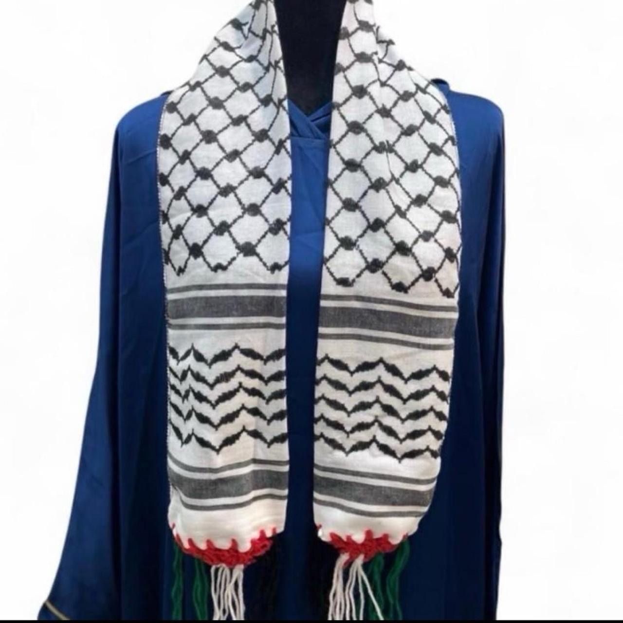 Original White Woven Keffiyeh Stole with Crochet Flag