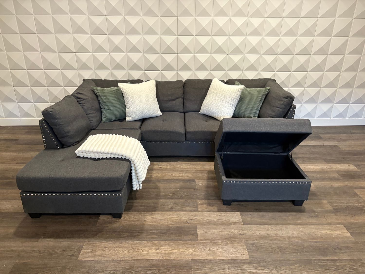 (FREE DELIVERY!) Nice Family Sized Dark Grey Sectional with storage ottoman