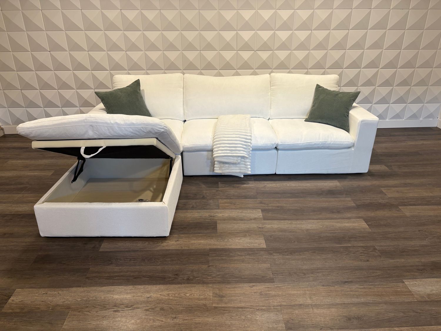 (NEW OPEN BOX) CRISP WHITE Modular Family Sized Down Filled Sectional with Storage