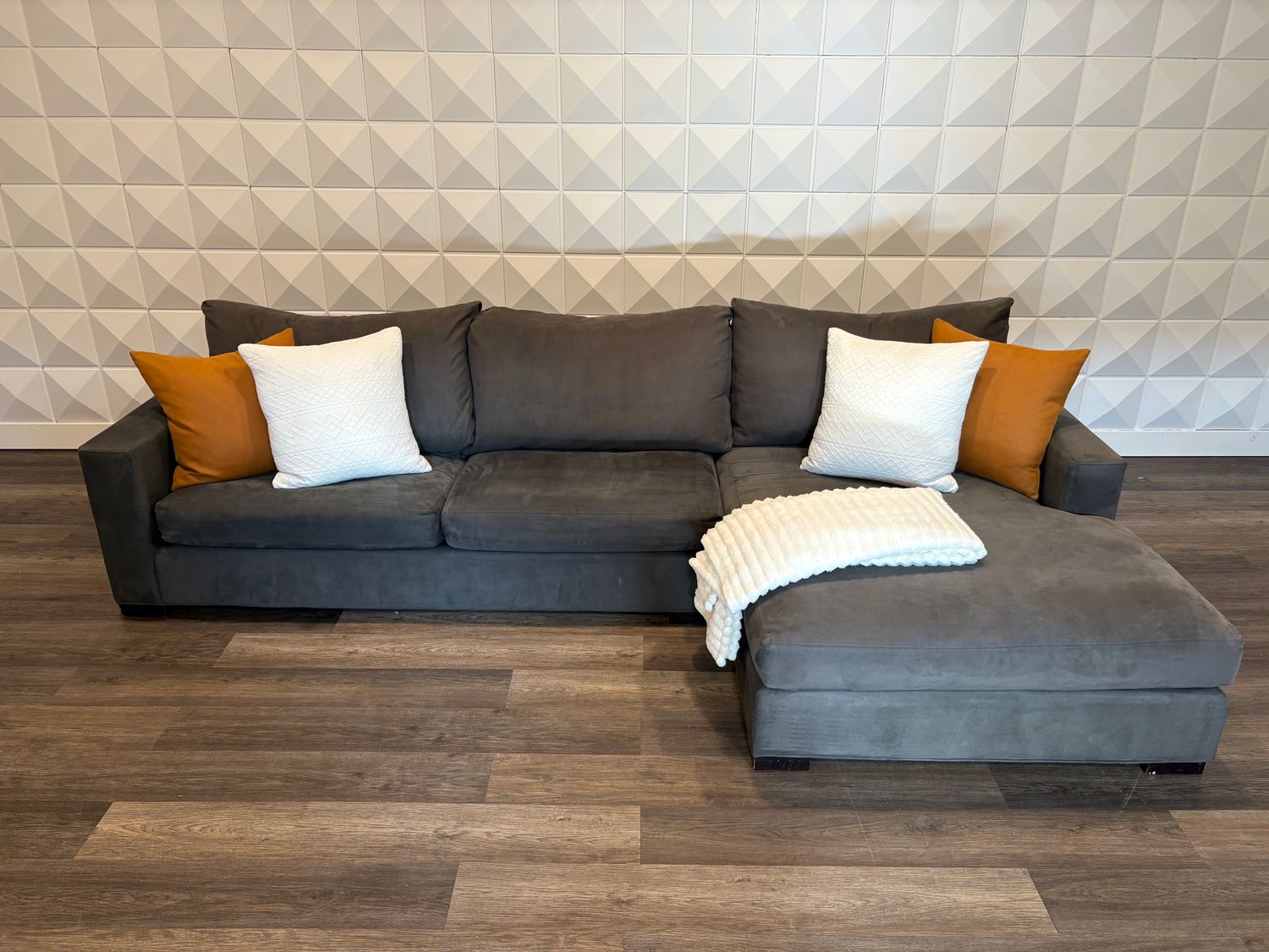 (Room &amp; Board) Modern Charcoal Grey Sectional with down-filled back cushions