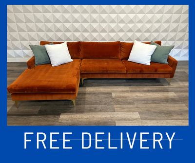 (SOFA COMPANY) Stunning Genuine Velvet Burnt Orange Mcm Sectional With Gold Legs