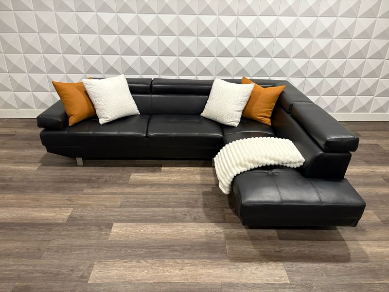 Black Modern Vegan Leather Sectional With Adjustable Headrests
