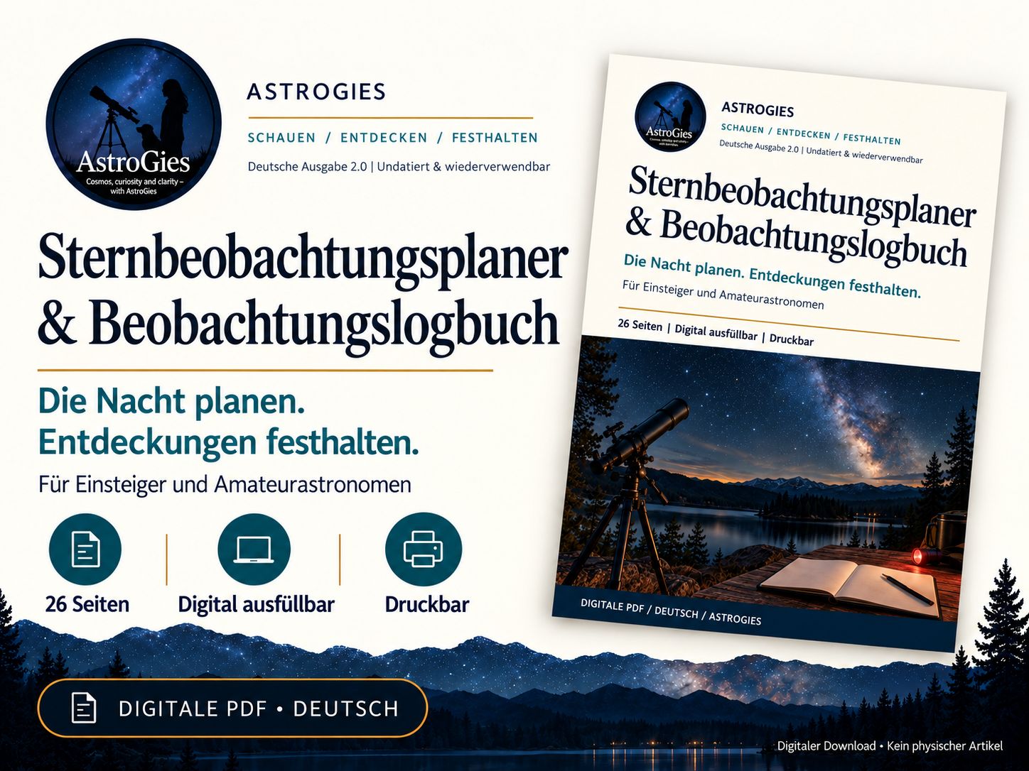 Sternbeobachtungsplaner und Beobachtungsbuch – 26 Seiten ausfüllbares PDF, Deutsch