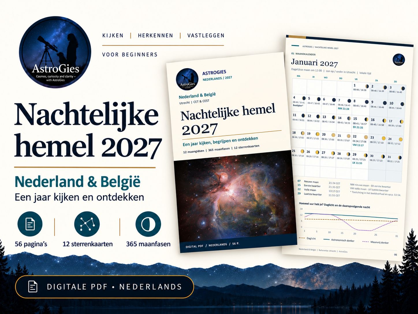 Nachtelijke Hemel 2027 – Nederland &amp; België, rekenlocatie Utrecht – astronomiekalender, 56 pagina’s PDF