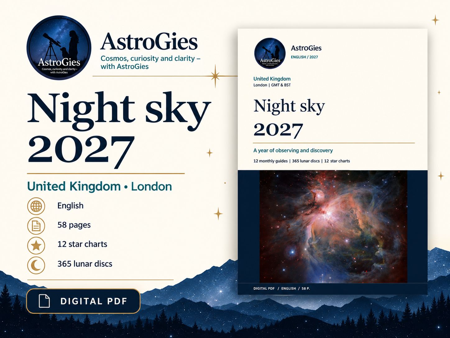 Night Sky 2027 - United Kingdom Astronomy Calendar, London Reference, 58-Page PDF, English