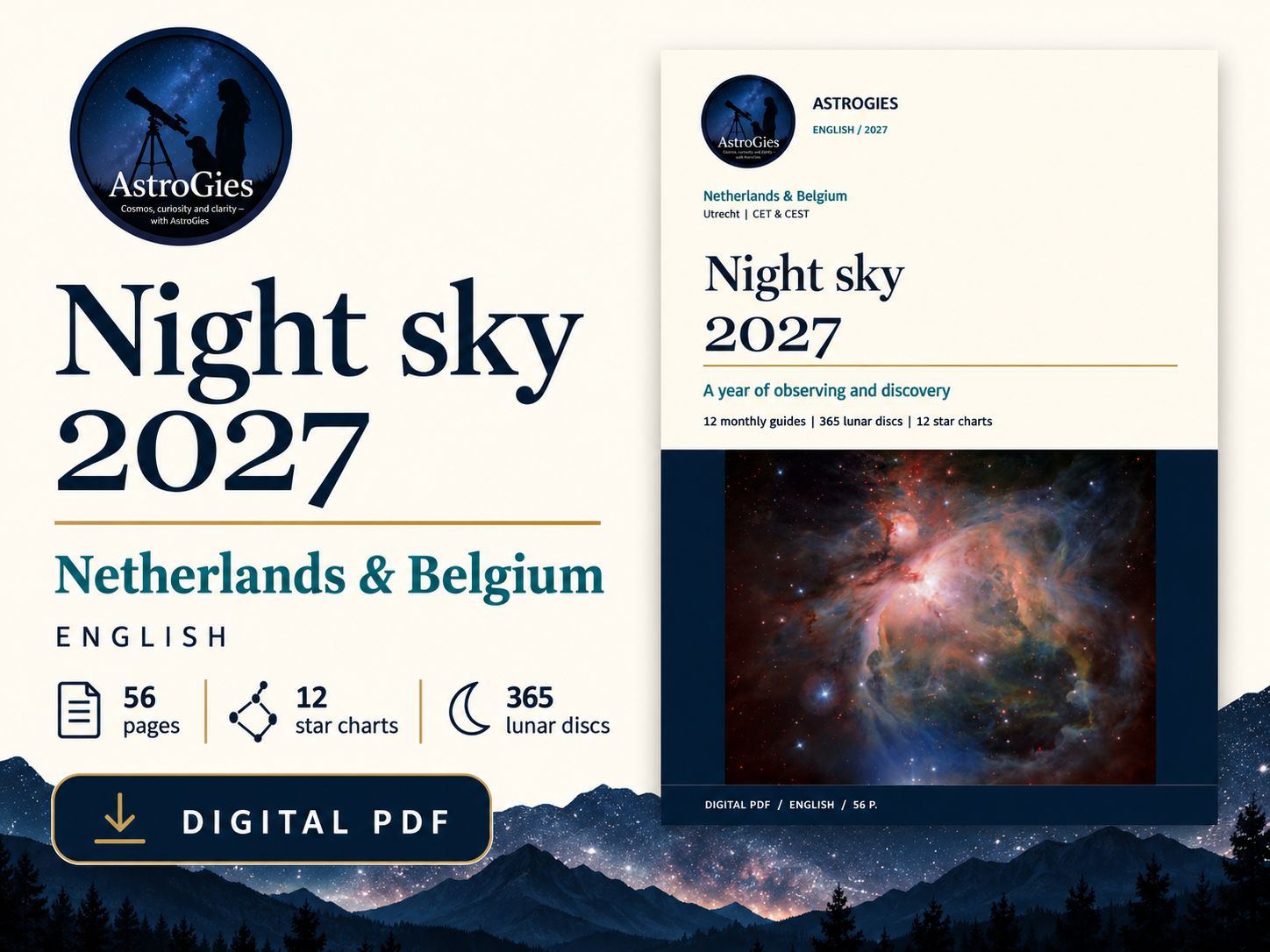 Night Sky 2027 - Netherlands &amp; Belgium Astronomy Calendar, Utrecht Reference, 56-Page PDF, English