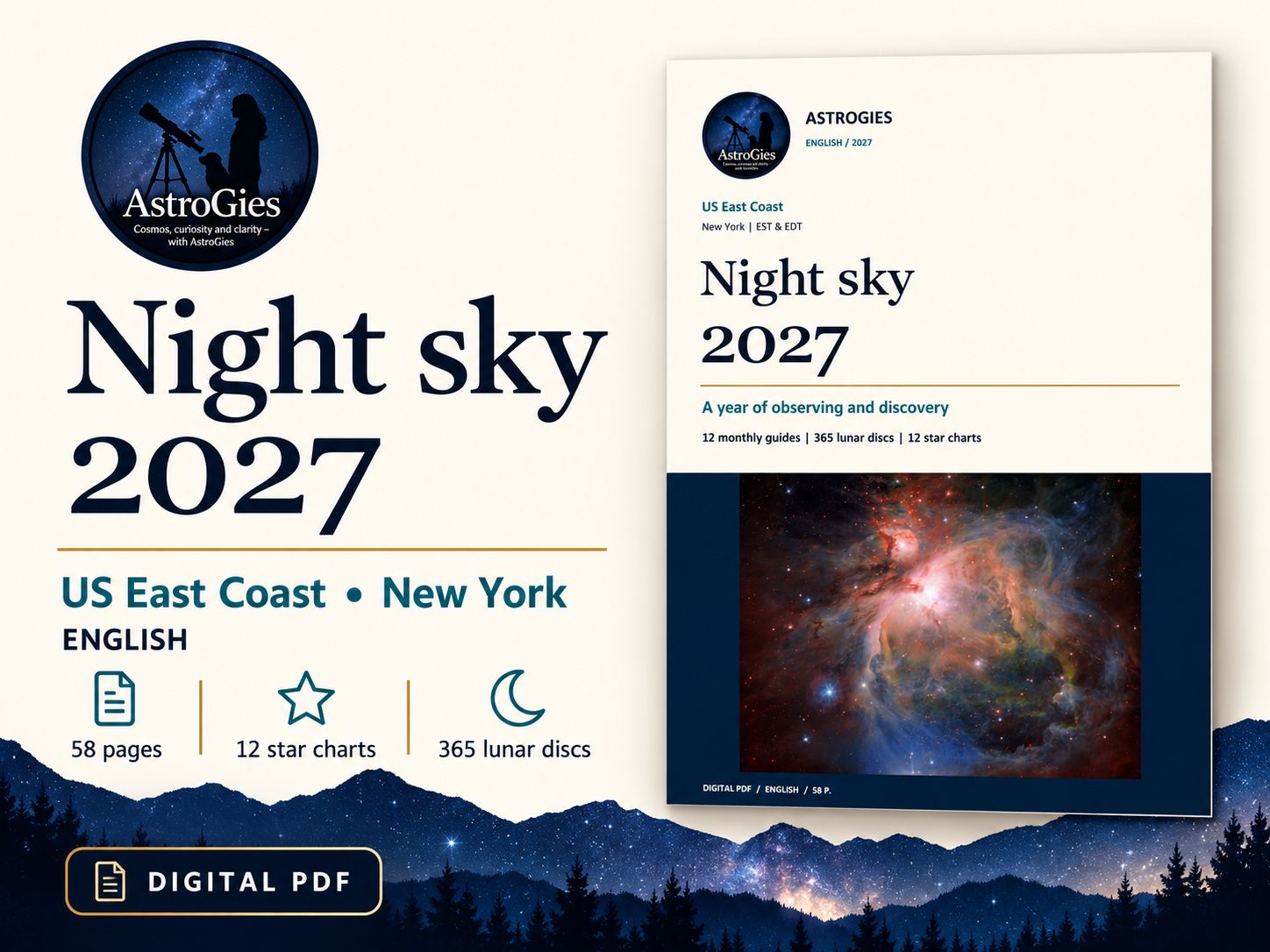 Night Sky 2027 - US East Coast Astronomy Calendar, New York Reference, 58-Page PDF, English